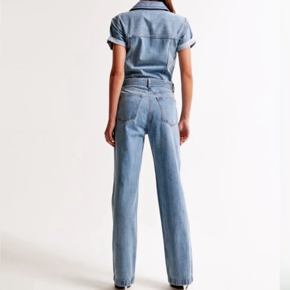 Abercrombie & Fitch 90s Relaxed Cinched Waist Blue‎ Denim Jumpsuit Sz XL - Image 3