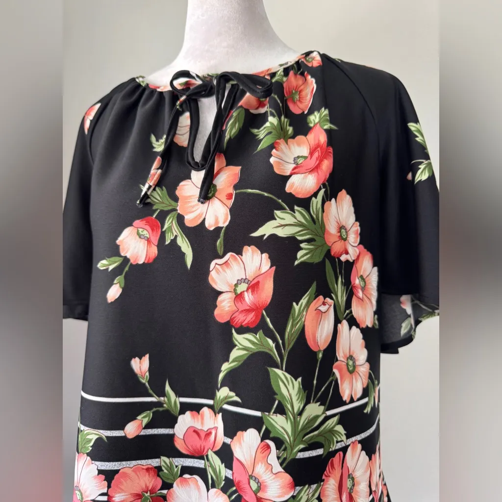 Vintage ‘80s Lady Winn by Teddi Black Floral Print Tie Neck Half Sleeve Blouse Size XL - Image 3