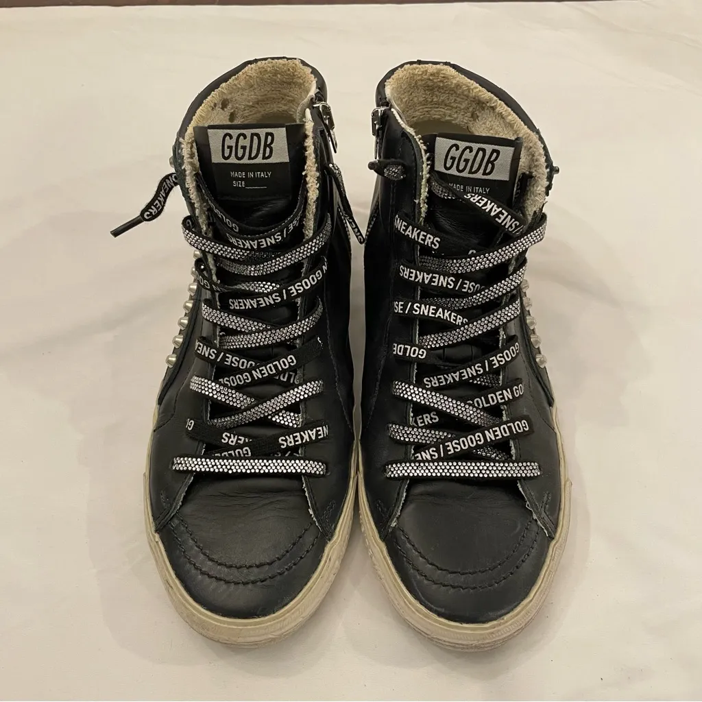 Golden Goose Women's Slide Black with Studs size 41, US 11 with Swarovski Laces - Image 2