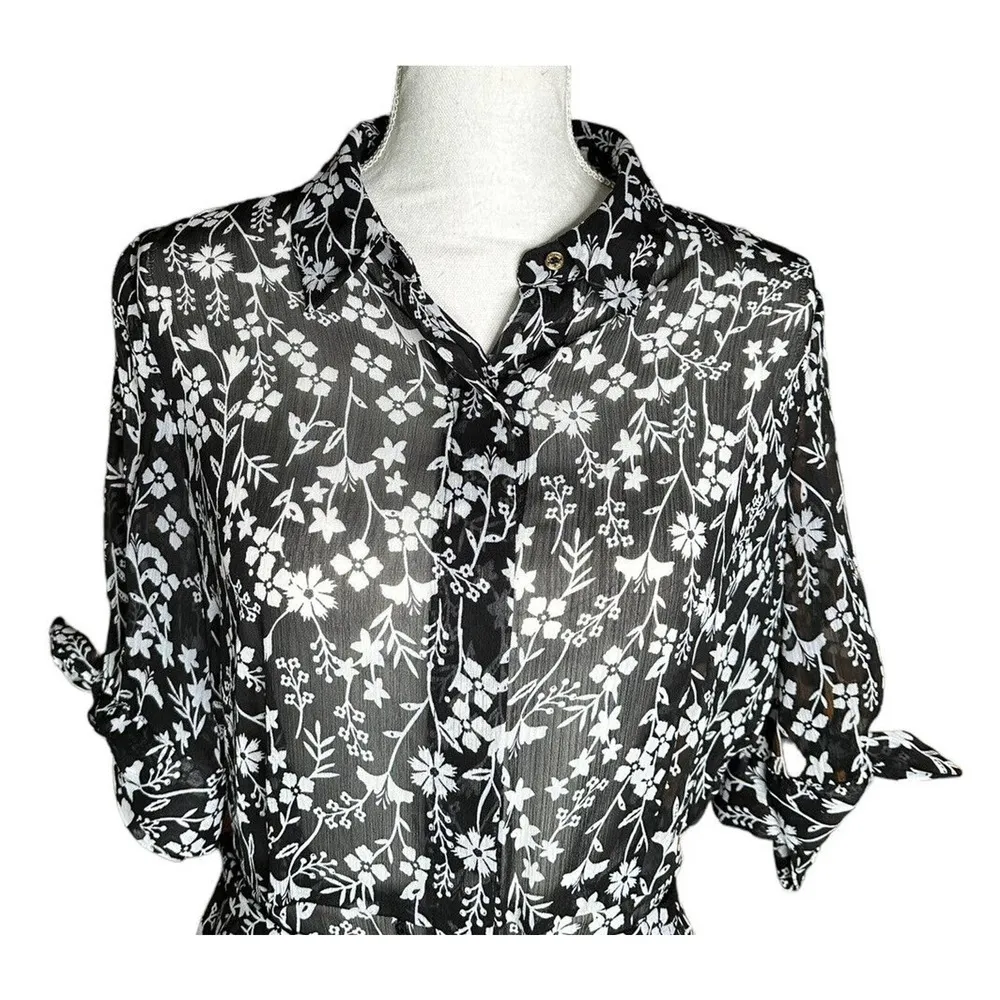 Womens Calvin Klein Black White Floral Print Sheer Dress Kaftan Swim Cover Up - Image 2