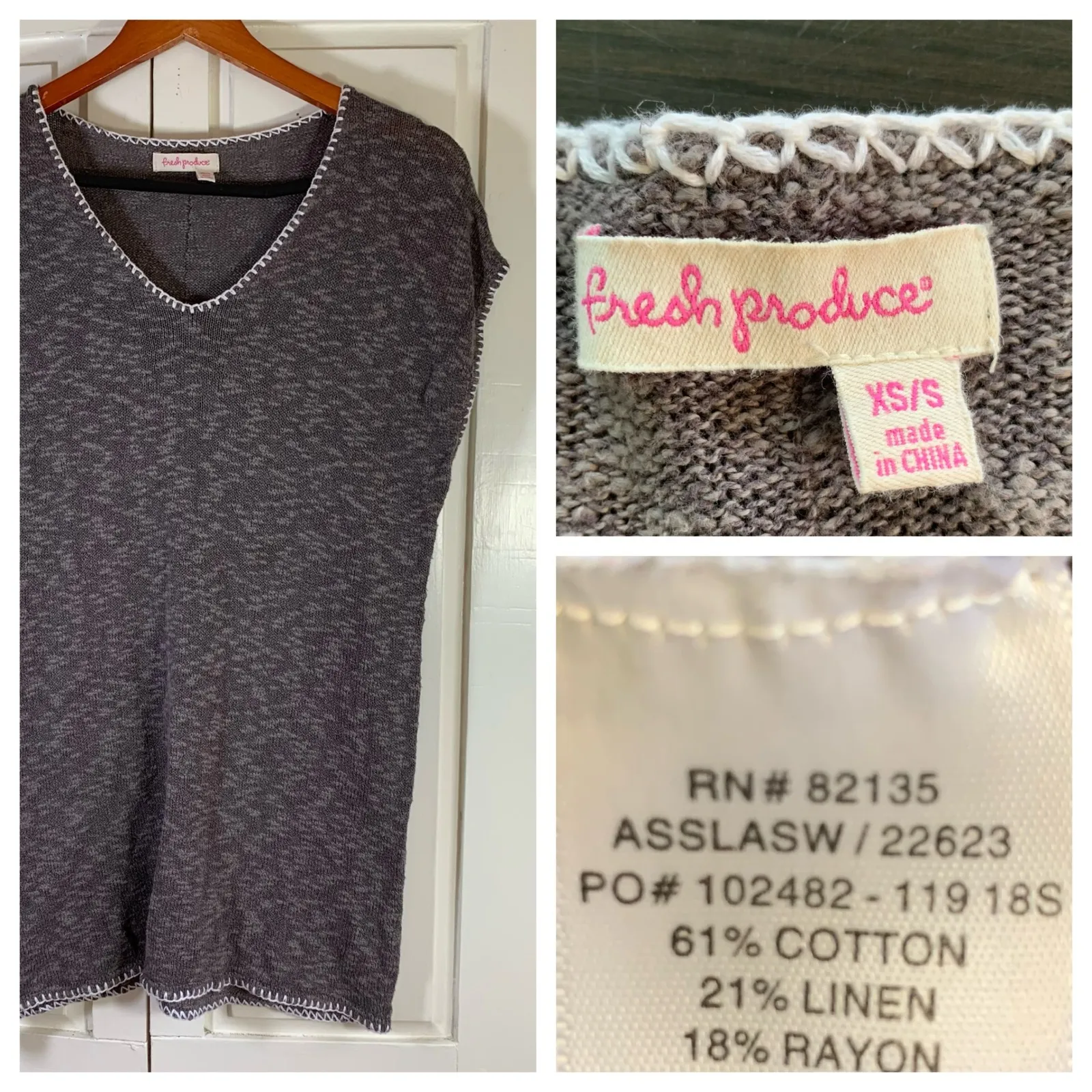 Fresh Produce V Neck Short Sleeve‎ Knit Dress Tunic Top Women's XS S Gray Beachy - Image 10