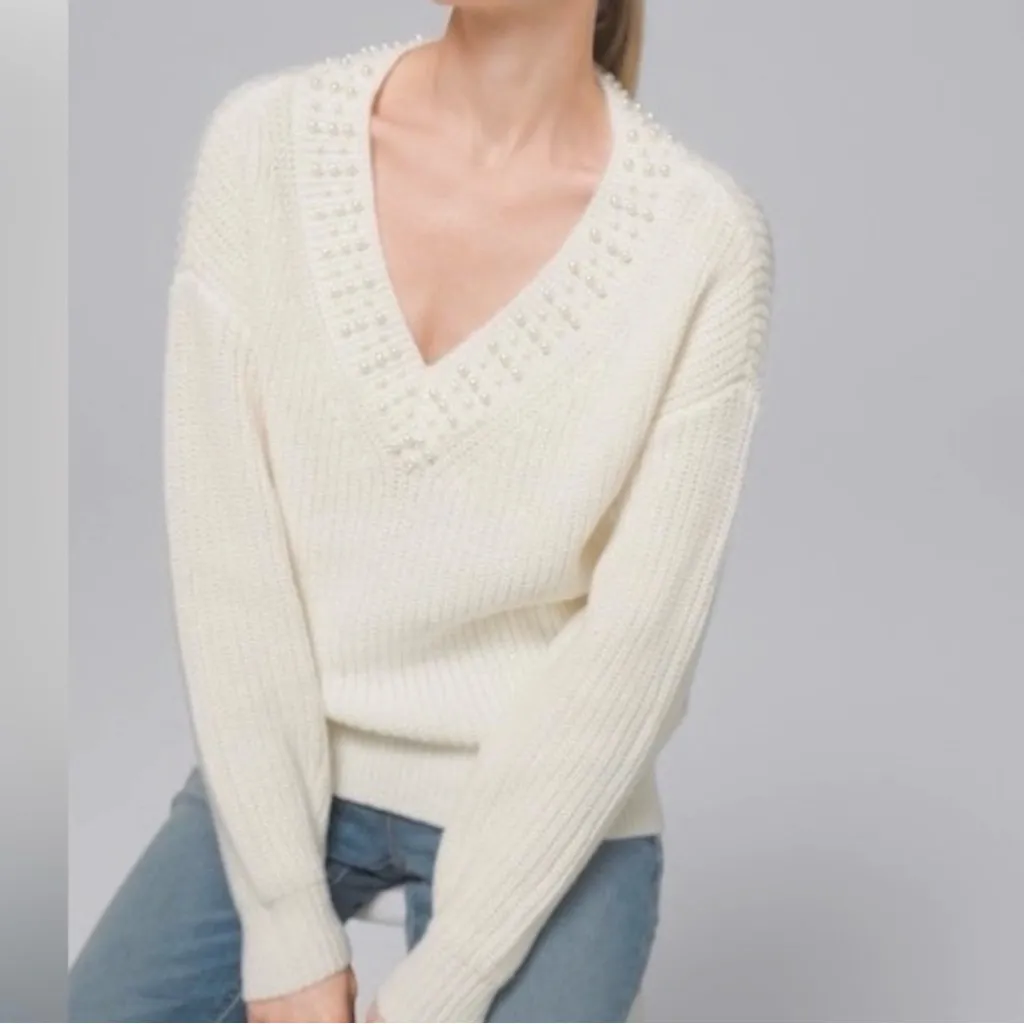 WHBM Sweater Pearl V-Neckline Ivory Chunky Knit Dolman Sleeve S Elegant Chic - Image 3