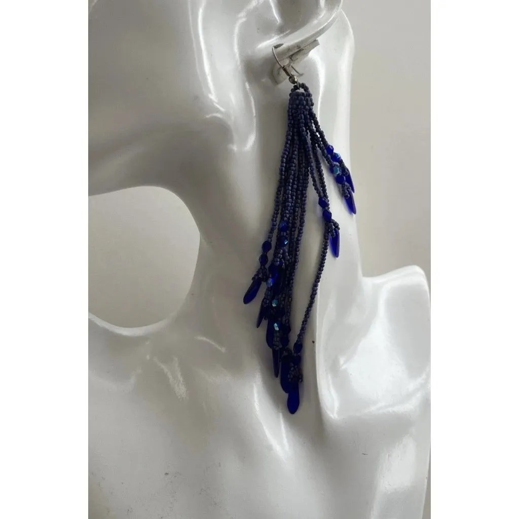Vintage Boho Native Dark Blue Seed Glass Beaded Earrings Fringe Tassel Long 5.5” - Image 5