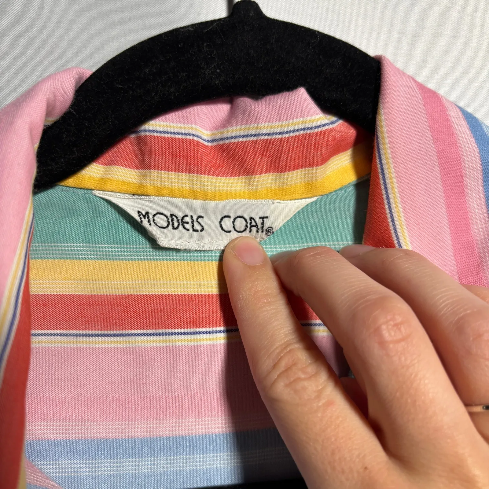 VTG Rainbow Stripe Snap Button Midi Shirt Dress Puff Sleeves Model Coat Pastel L Pink Size L - Image 3