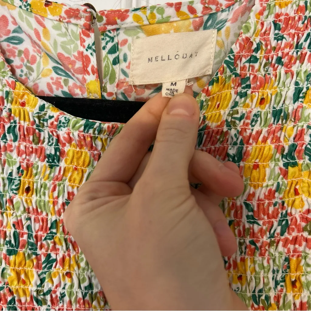 Melloday Yellow Floral Floral Smocked Bodice Midi Dress Women's M - Image 4