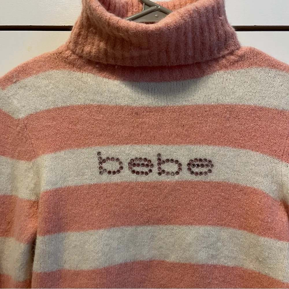 Bebe Y2K White & Pink Gem Stripe Turtleneck Sweater - Image 3