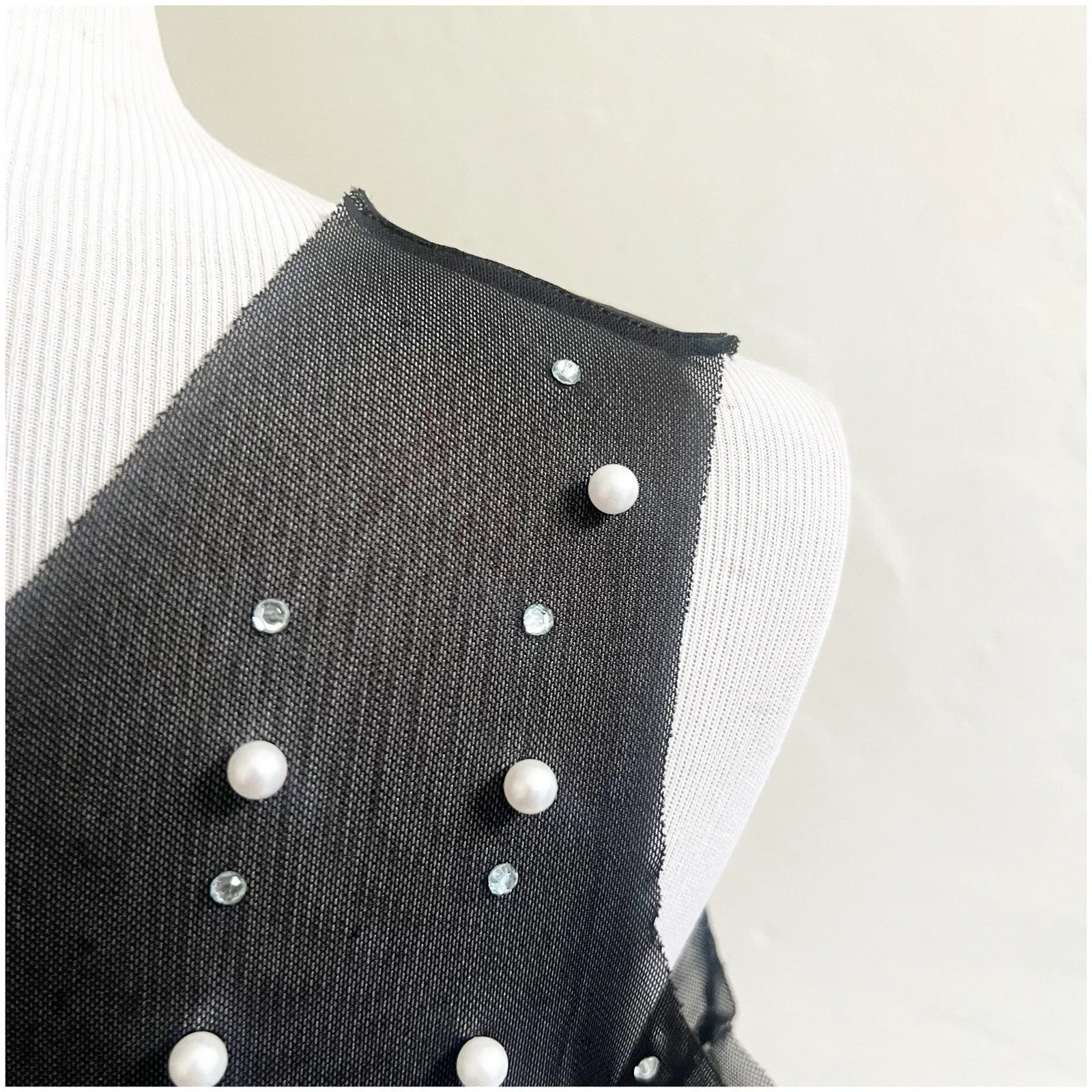 Oppa Pearl Rhinestone Sheer Mesh Crop Top Sexy See Through Short Sleeve NWT S Black - Image 9