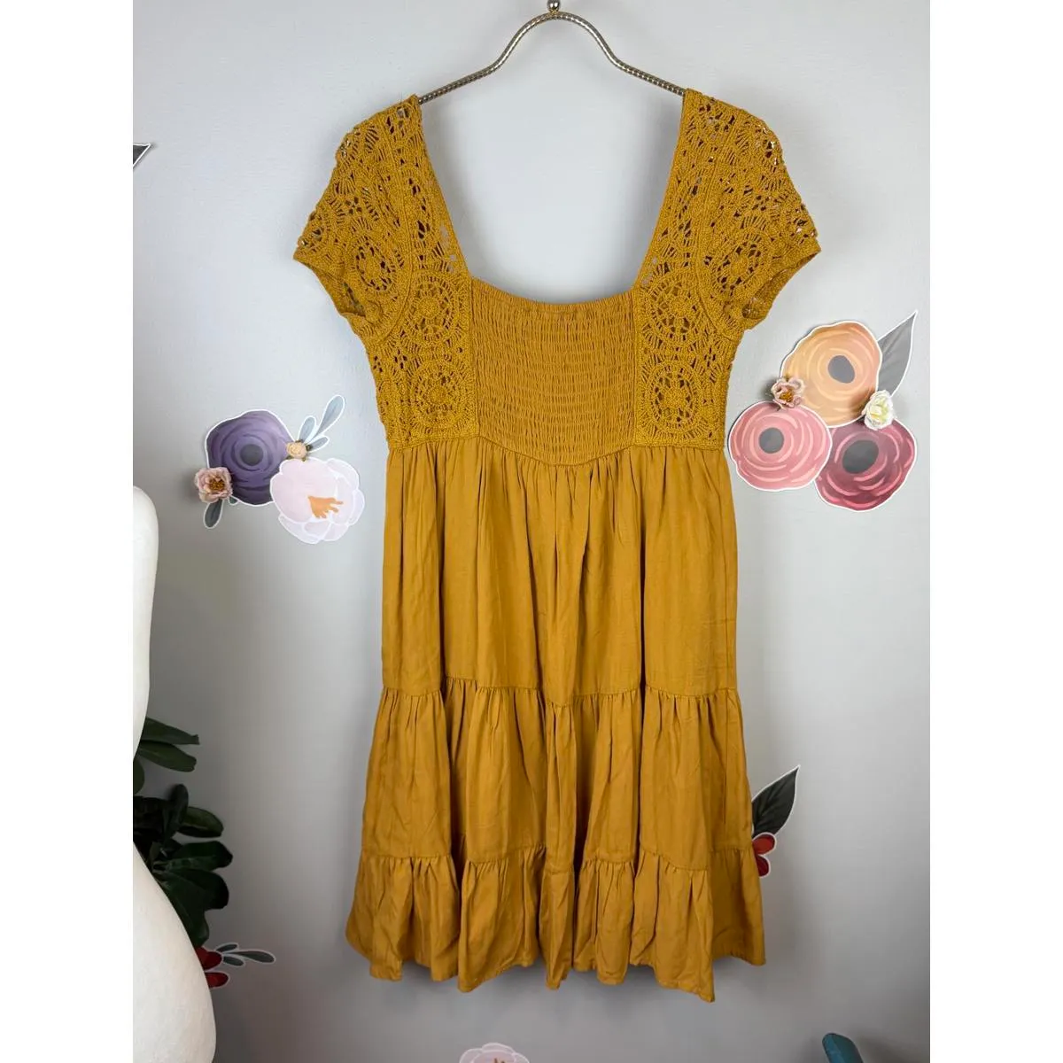 SO Boho Yellow Mustard Crochet Mini Dress - Size - Small - Image 2