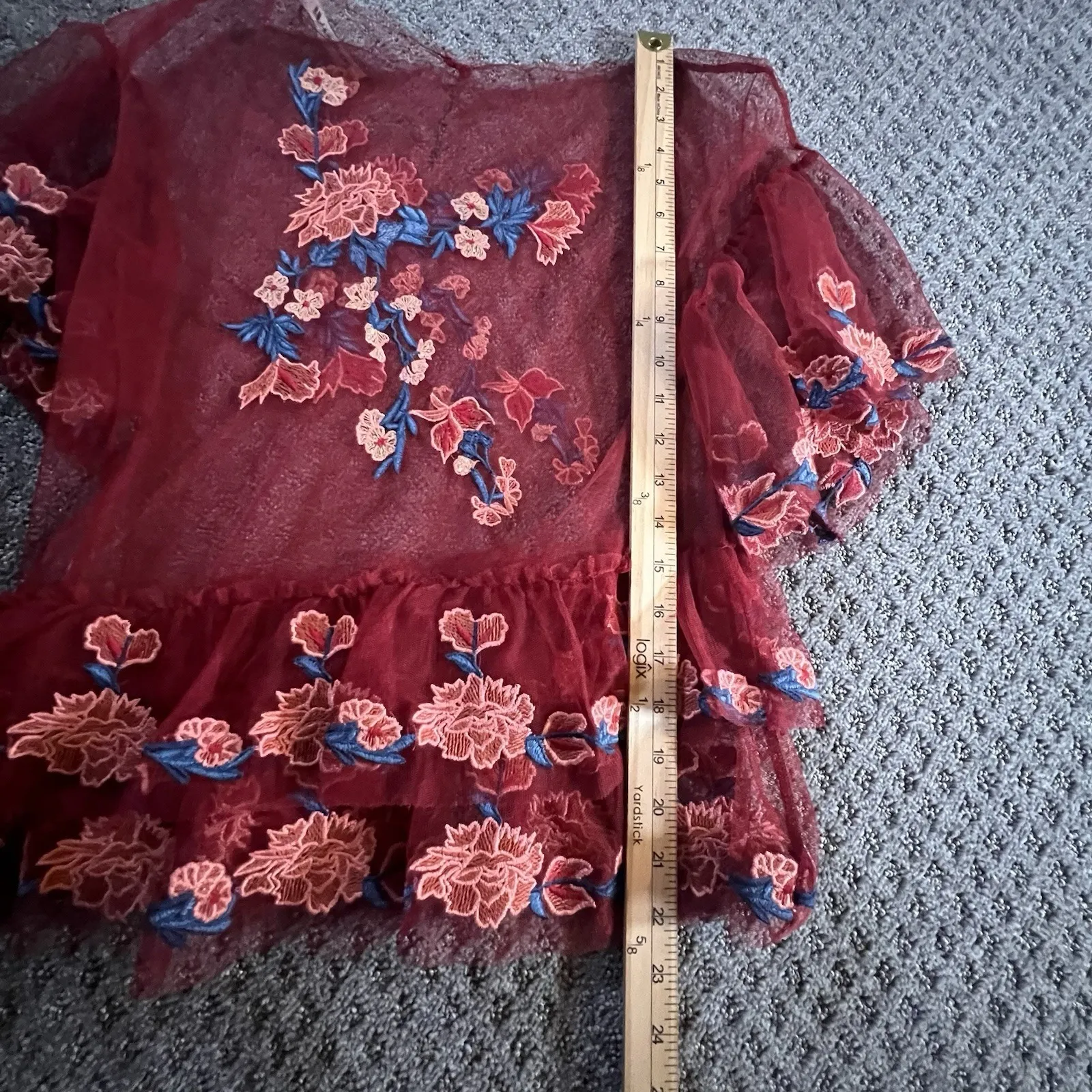 Zara Woman XS Red Floral Embroidered Sheer Mesh Peplum Ruffle Boho Blouse Top - Image 8