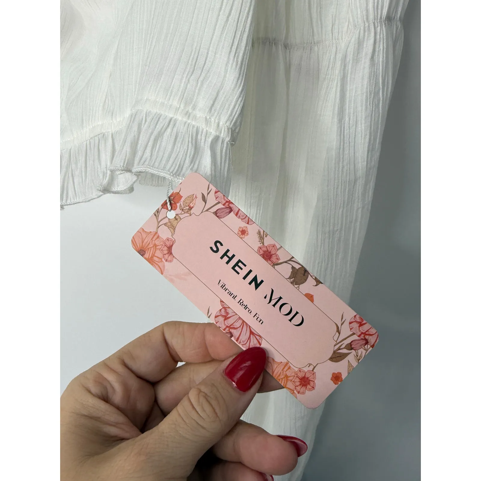 SHEIN MOD White Puff Sleeve Tie Front Smocked Crop Top L Cottage Milkmaid NWT - Image 5