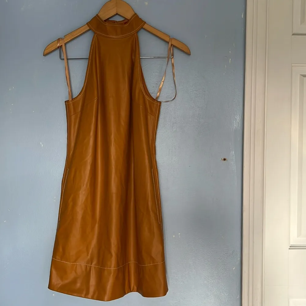 STAUD Siciliy Halter Mini Faux Leather 70s Honey Color Dress - Image 2