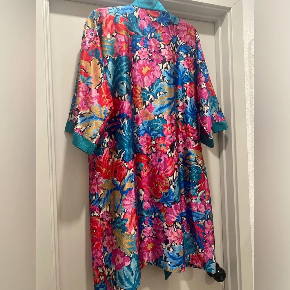 VTG 70s 80s Heather Collection Hot Pink & Teal Blue Florl Kimono Robe Bathrobe - Image 12