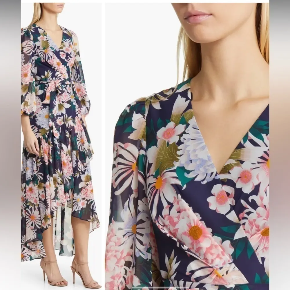 NWOT Eliza J Floral Long Sleeve High-Low Faux Wrap Dress size 8 - Image 3