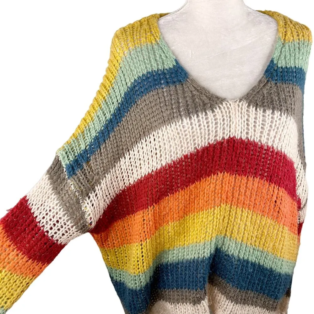 Elan Sweater Rainbow Oversized Open Knit Stripes Large V-Neck - Image 8