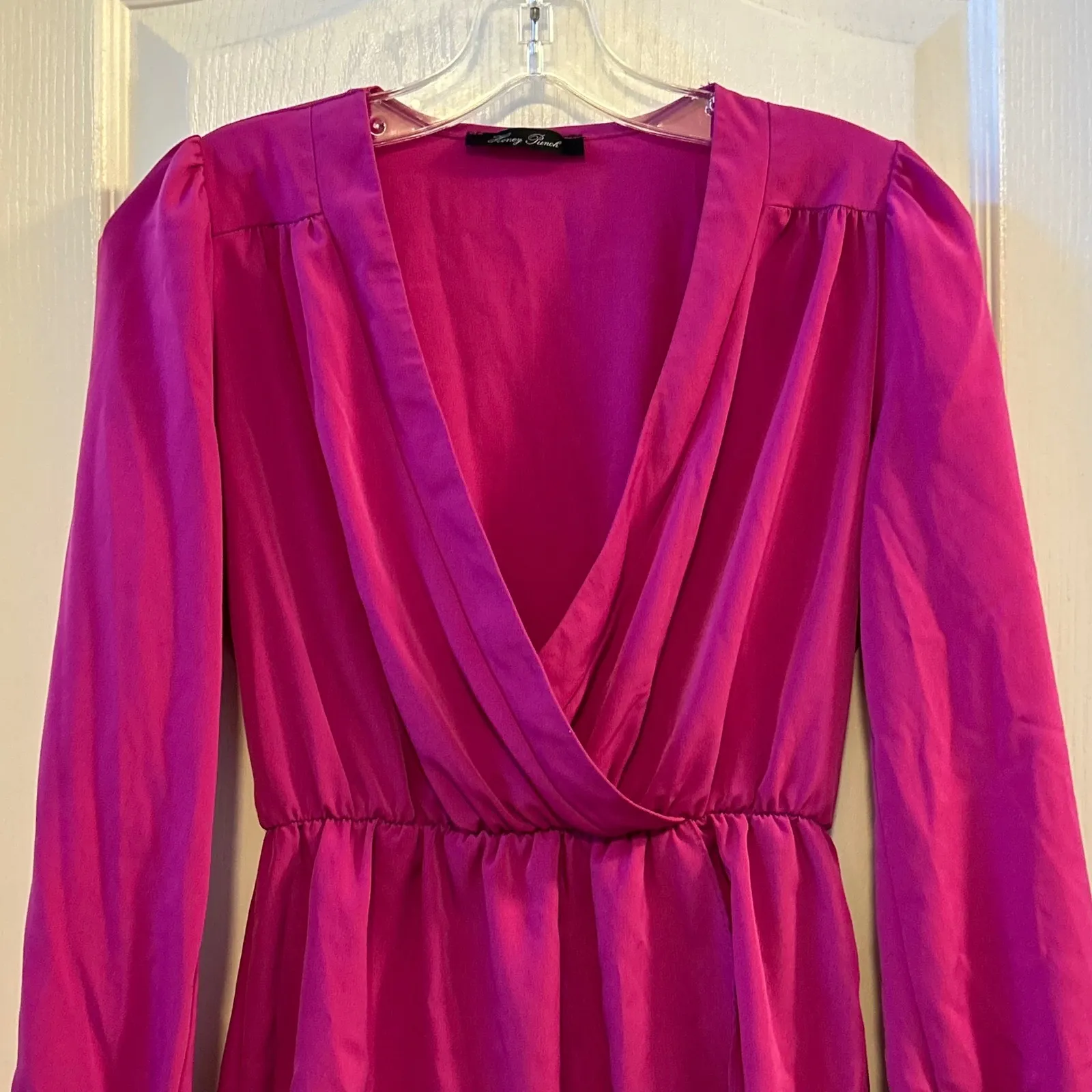 Honey Punch Womens X Small Pink Long Sleeve Surplice V Neck Ruched Waist Dress - Image 5