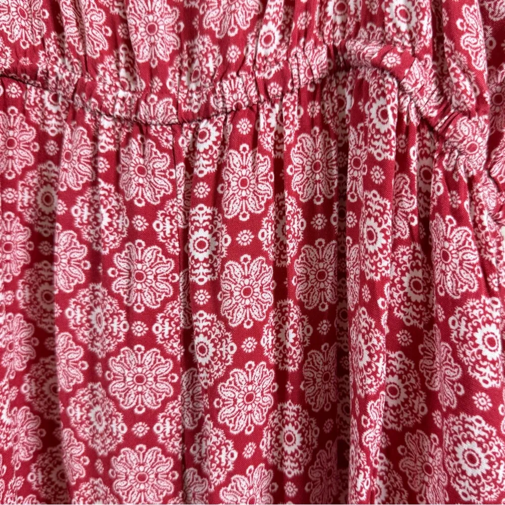 Luxology Prairie Milkmaid Boho Midi Dress Medium Red White Floral Sundress Flowy - Image 9