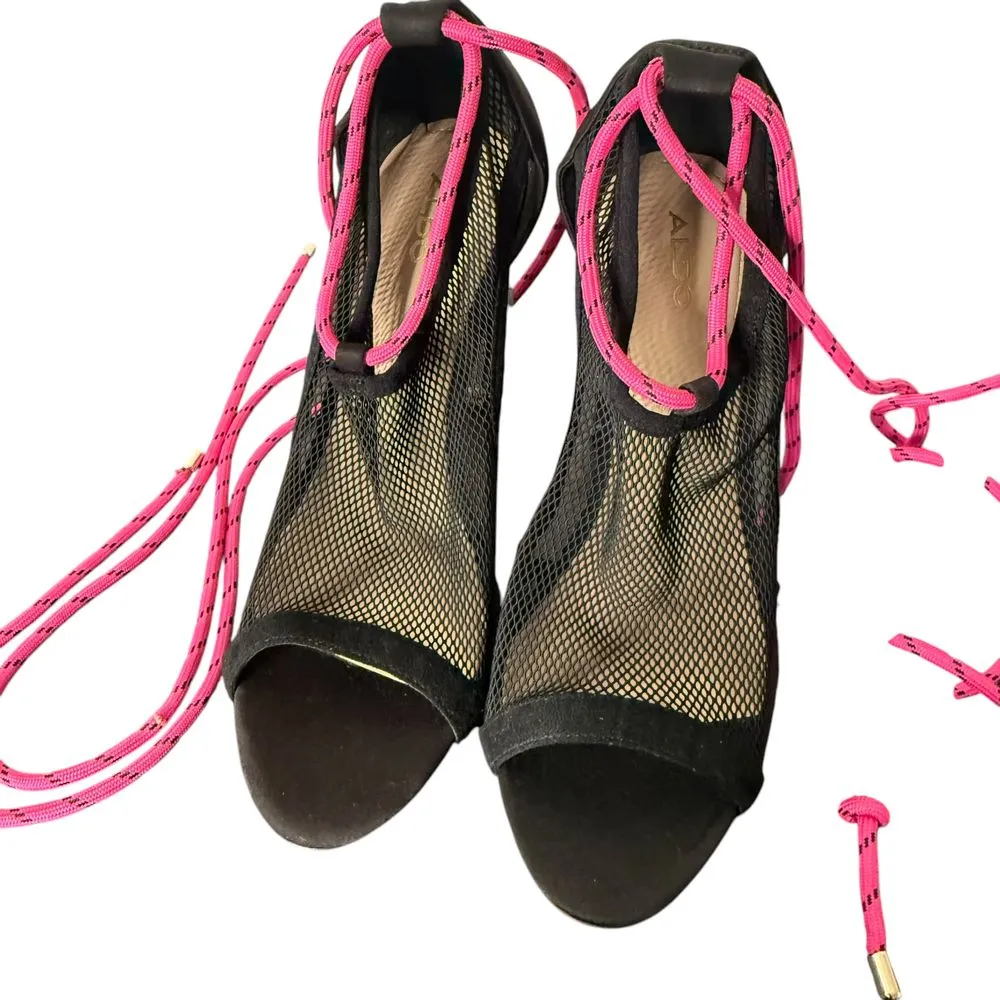 ALDO Lace Up High‎ Heels Size 7 Black Mesh Open Toe Clear Block Heel CARDI - Image 4