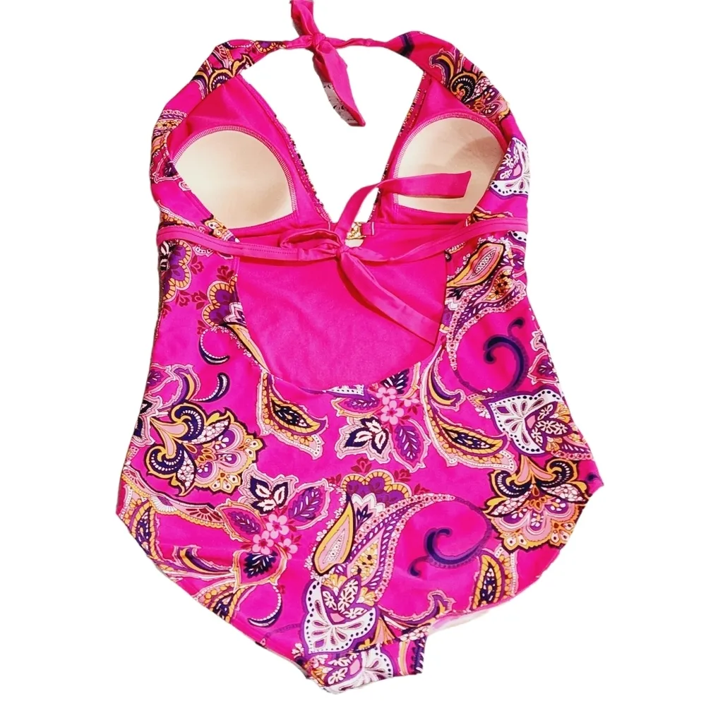 JACLYN Smith Plus Size Pink Paisley One Piece Tie Backs Swim Suit Size 14 - Image 4
