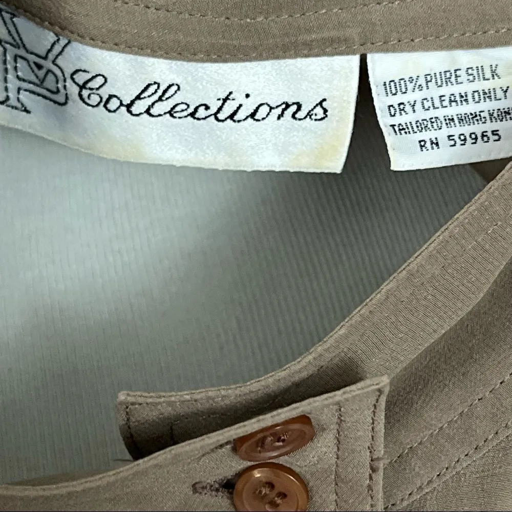 Vintage 80’s Tan Silk Structured Stand Collar Button Down Blouse L Size L - Image 5