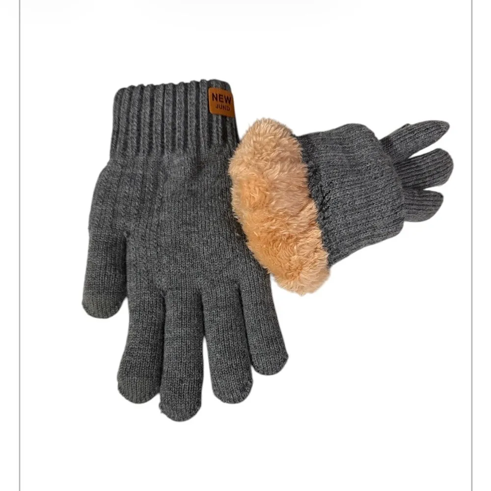 Gray Thick Plush Fleece Lined Double Layer Gloves - Image 2