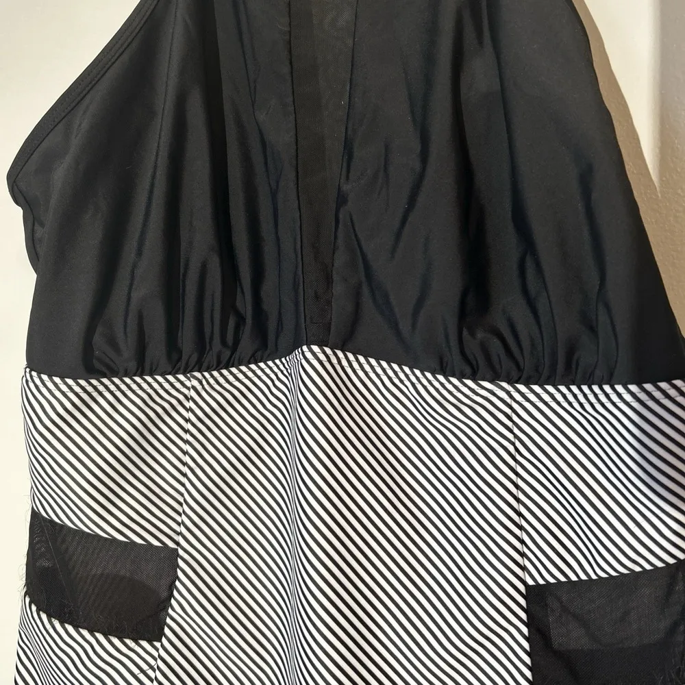 Black High Neck One Piece Sheer Mesh Side Panel Swimsuit Sz 22W Plus Size Stripe - Image 3