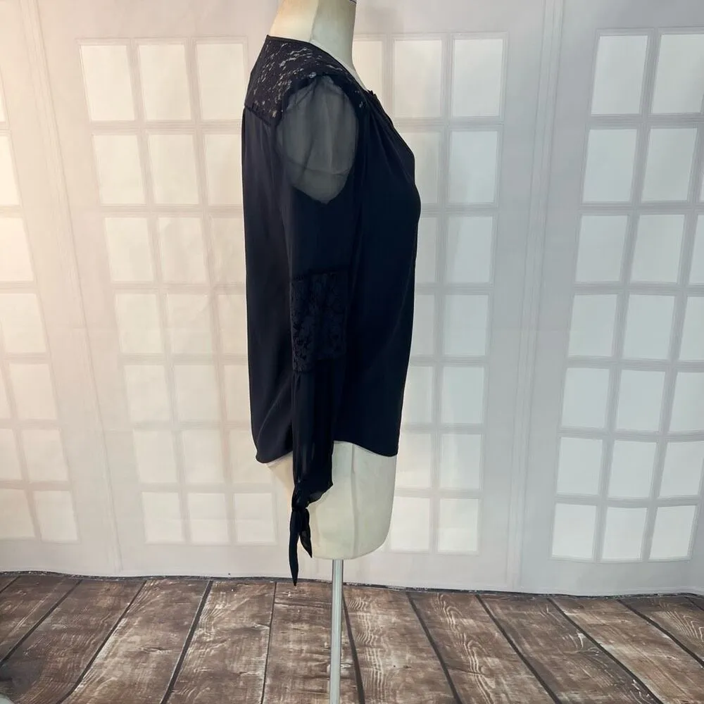 Rebecca Taylor Navy Sarah Tie-Cuff Lace-Trim Silk Crew Neck Long Sleeve Top Sz 0 - Image 6