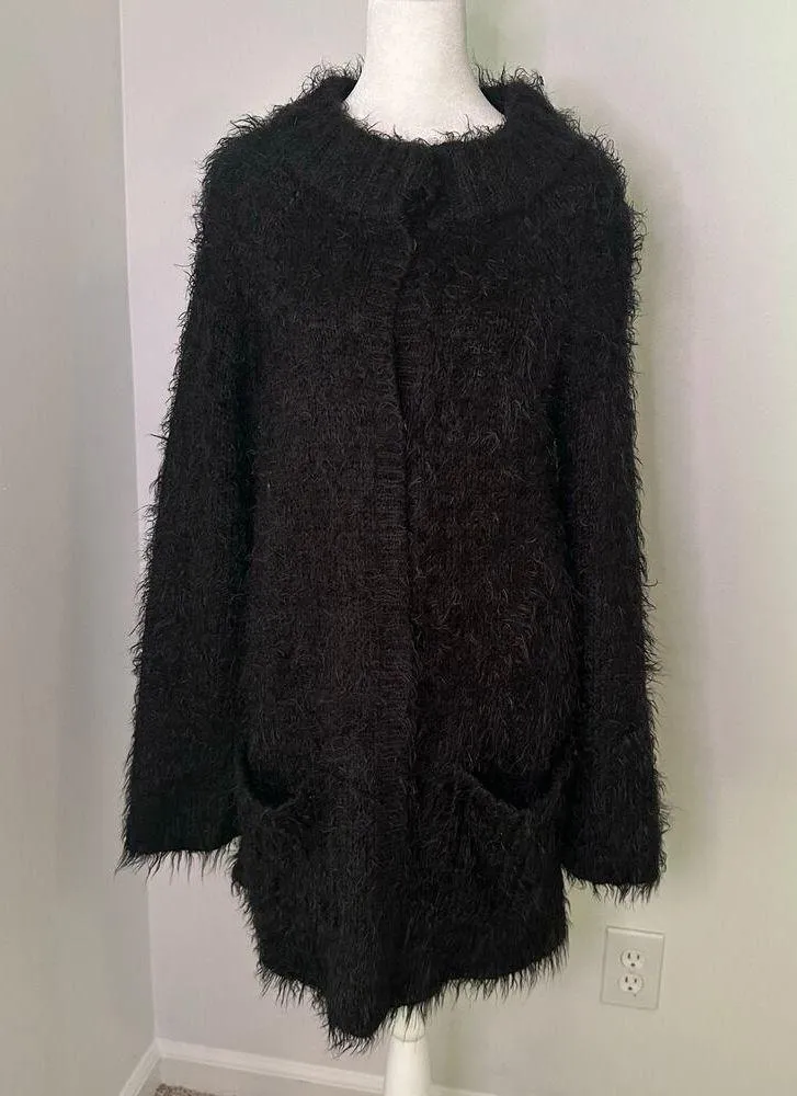 Free People black fur button up long sleeve sweater jacket size M - Image 2