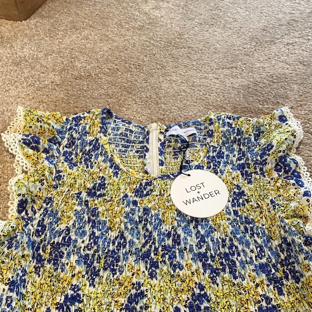 Lost + Wander Smocked Bodice S/S Blossom & Bloom Blue Yellow Floral Dress Sz L - Image 8