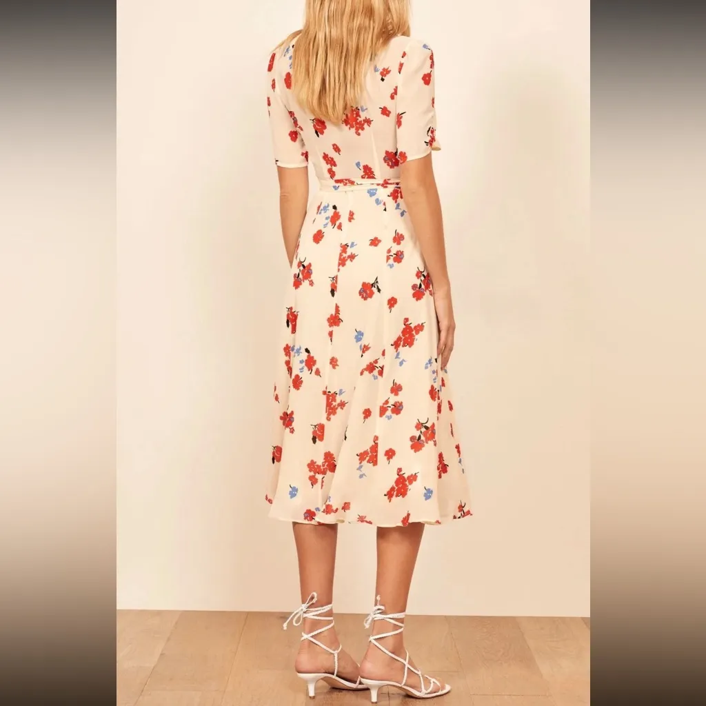 REFORMATION Chagall Cream Red Floral Print NAPA Wrap Midi Crepe Dress sz Small - Image 4