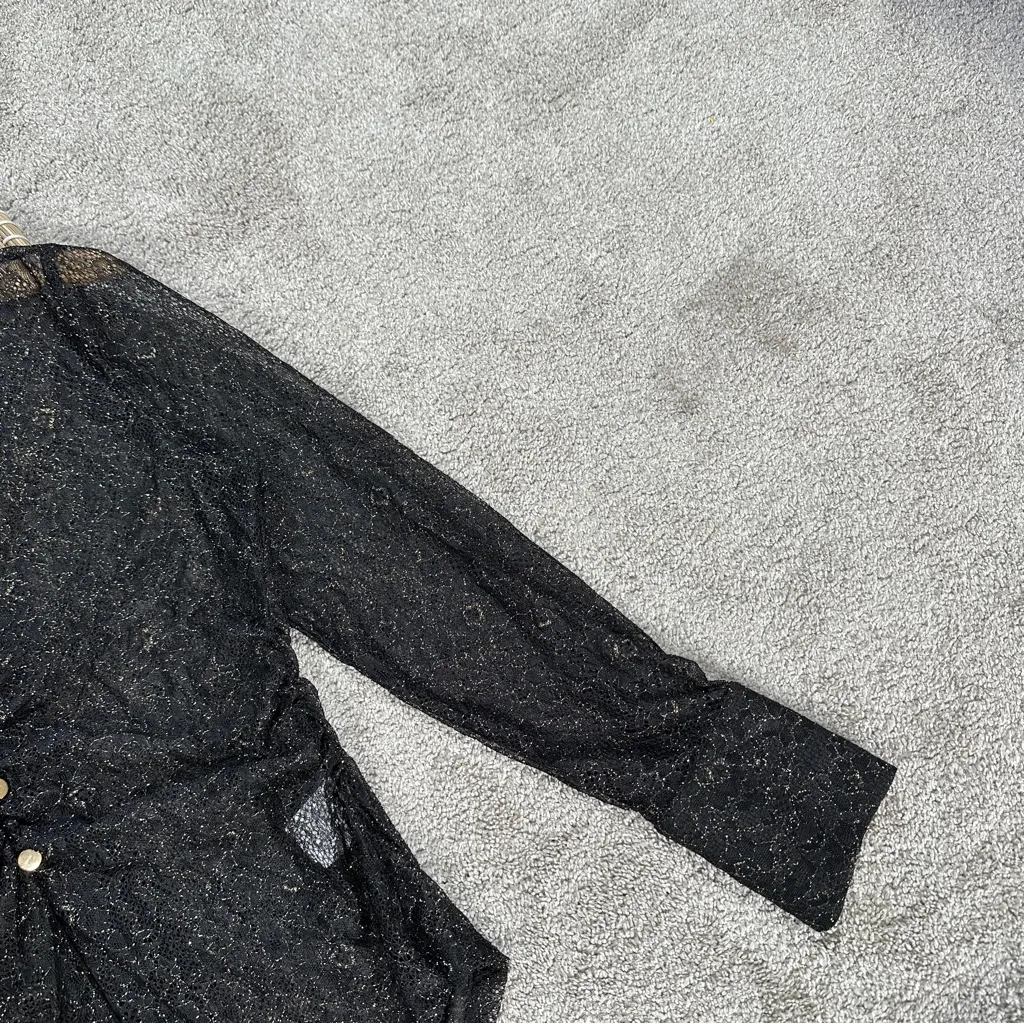 NWT Zara Women’s Ruched Front Lace Blouse Top V-Neck Sheer Shimmer Black Gold M - Image 8