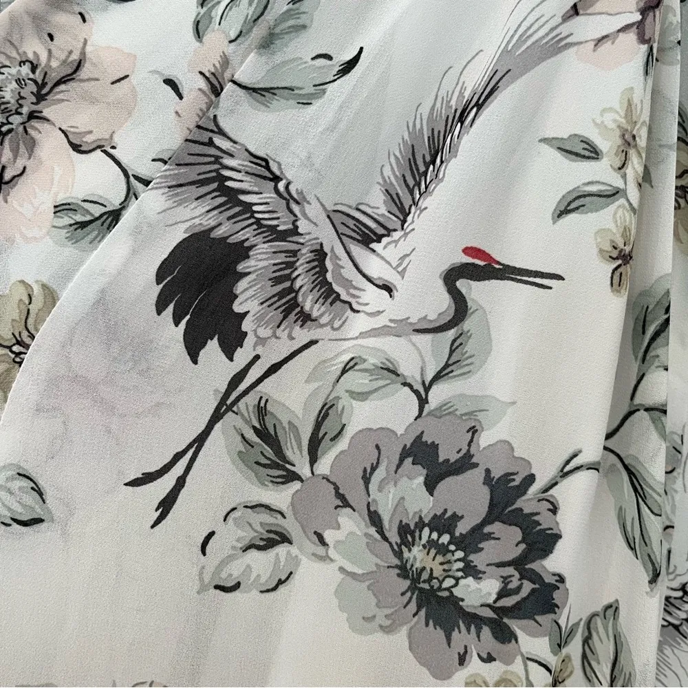 Torrid Maxi Sun Dress White Floral Bird Crane Print Tiered Size 00 Or 10 M/L Green - Image 7