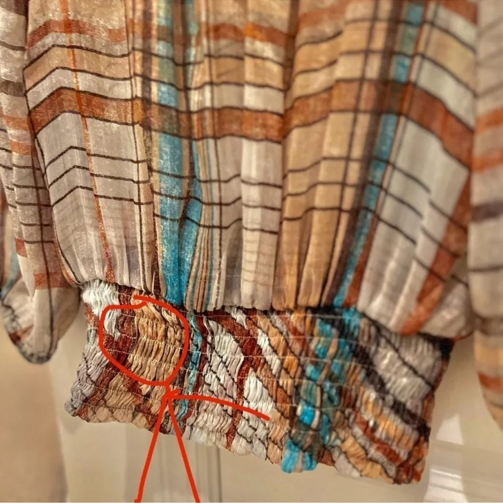 3/$25 Lucy Paris silk woven smocked plaid blouson 3/4 sleeve blouse top - Image 11