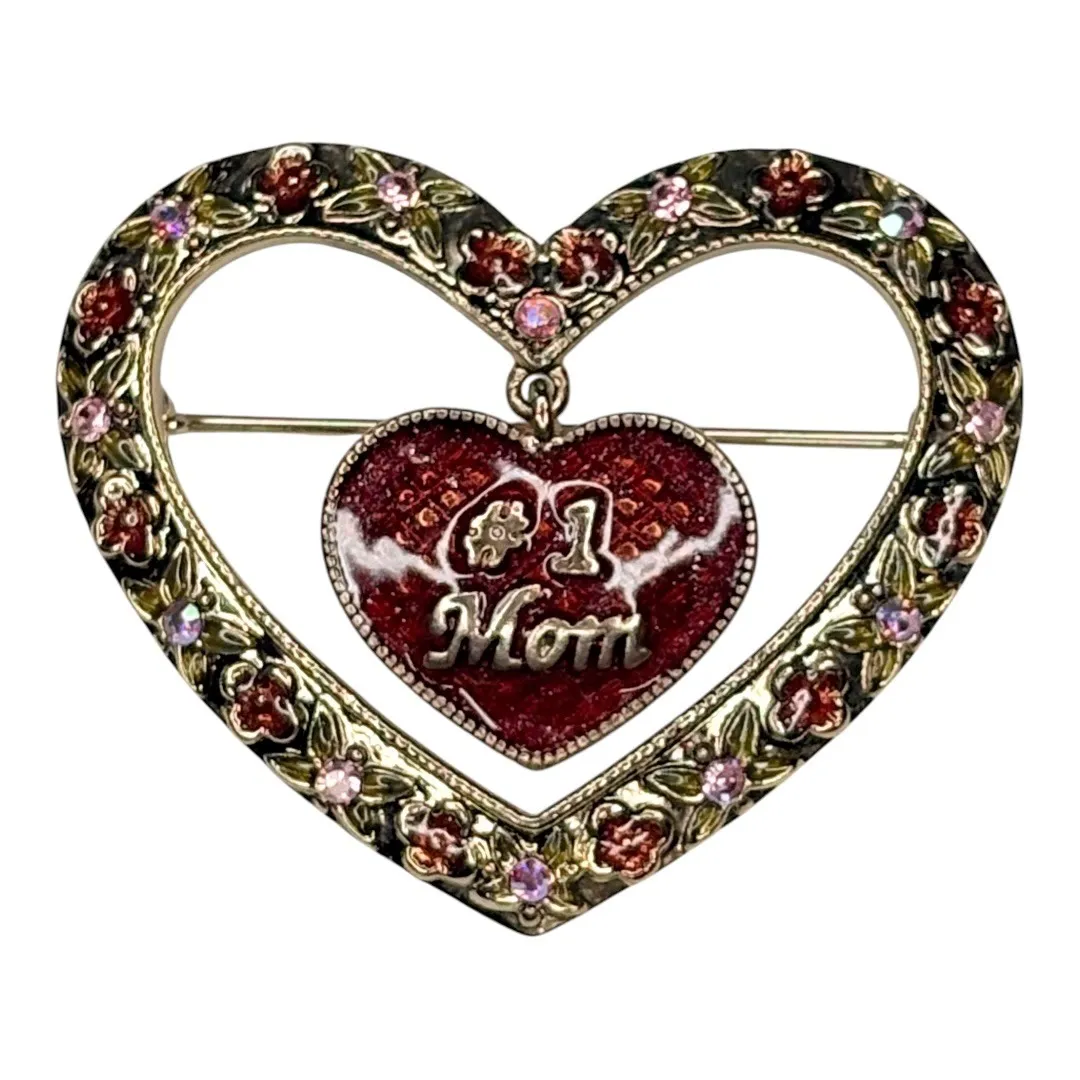 Vintage #1 Mom Heart Brooch Pin‎ Rhinestone Dangling Heart Mother's Day Gift Red - Image 2