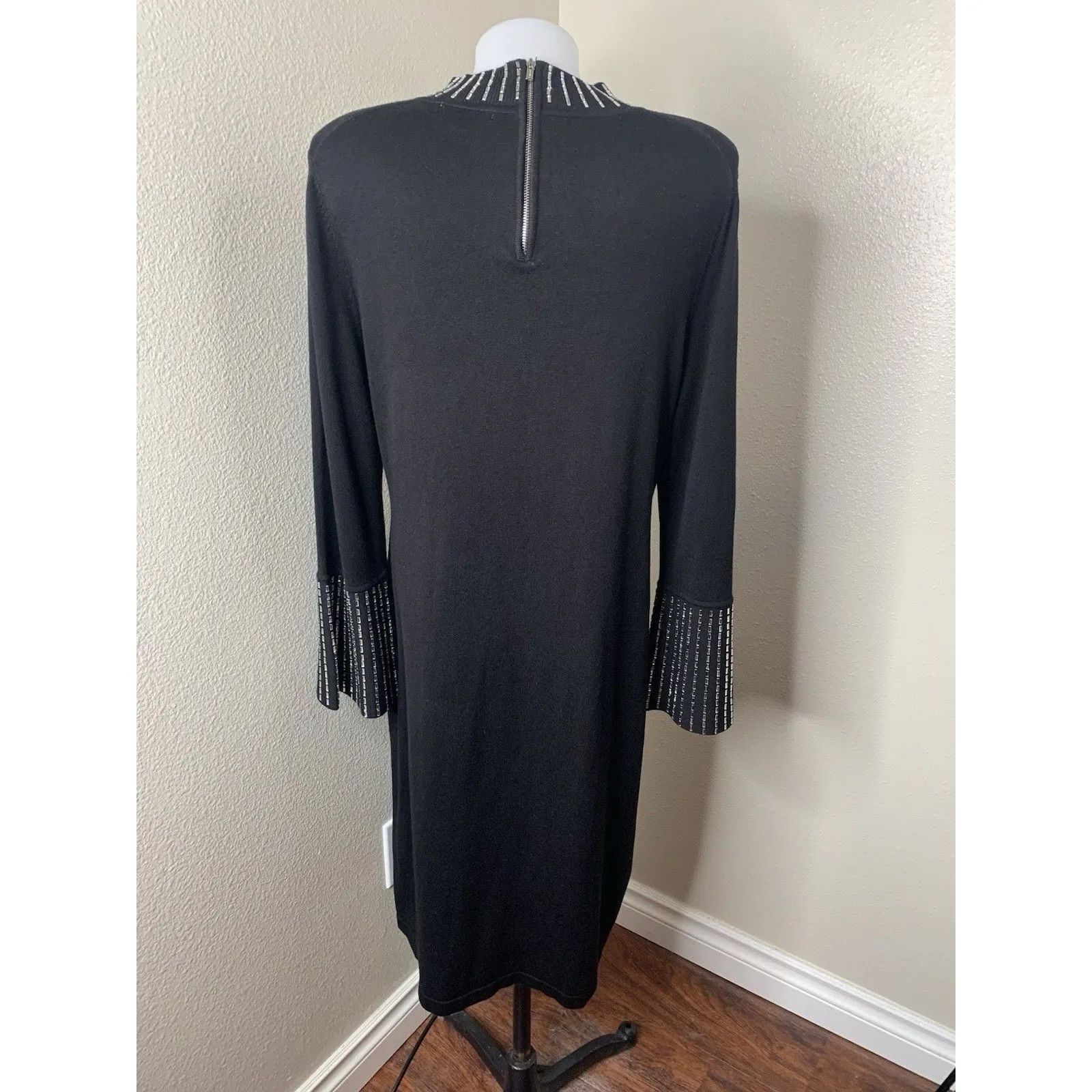 Calvin Klein Sz XL Black Stretchy Fit Dress Bedazzle Sparkle Sleeves & Collar - Image 9