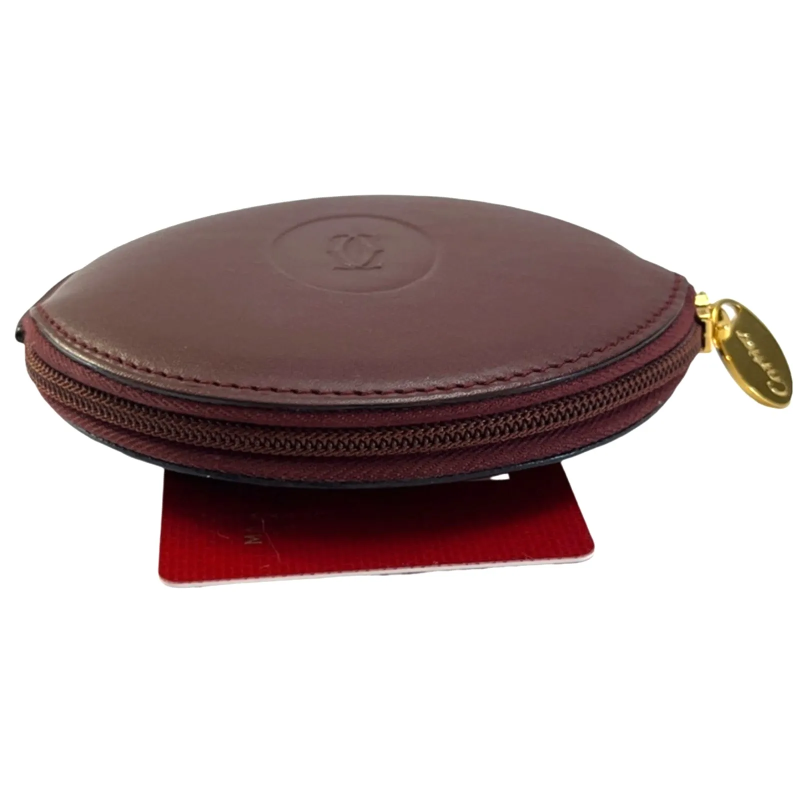Vintage Must de Cartier Bordeaux Round Coin Purse Leather Gold Zipper Spain - Image 11