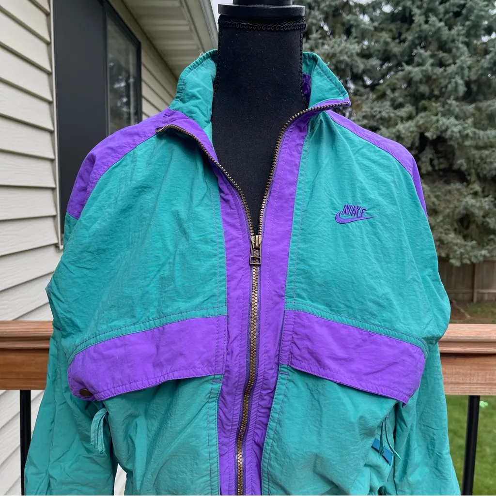 Vintage Nike Jacket Women’s Sz Small Teal Purple Windbreaker Full Zip Retro 90s - Image 2