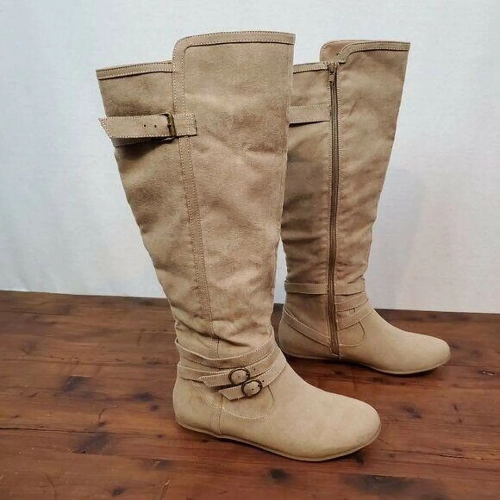 JustFab‎ Womens Boots 7 Brown Suede Knee High Zip Up Flat Pull-On Almond Toe - Image 7