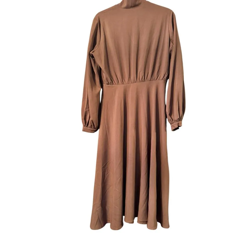 Lichi 40's inspired modest long sleeve midi dress attached neck tie/bow L Brown Size L - Image 4
