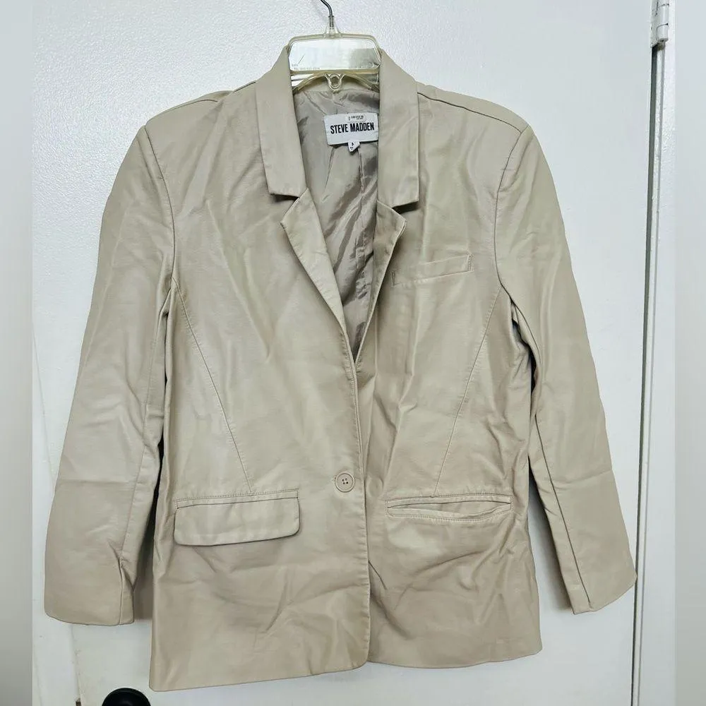 STEVE MADDEN Audrey Vegan Faux Leather Blazer Jacket in Bone Size Medium - Image 2