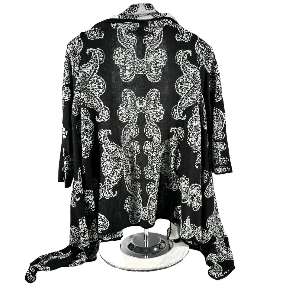 Women's | New York & Company | Black White Geometric Open Front Cascade Cardigan - Image 5