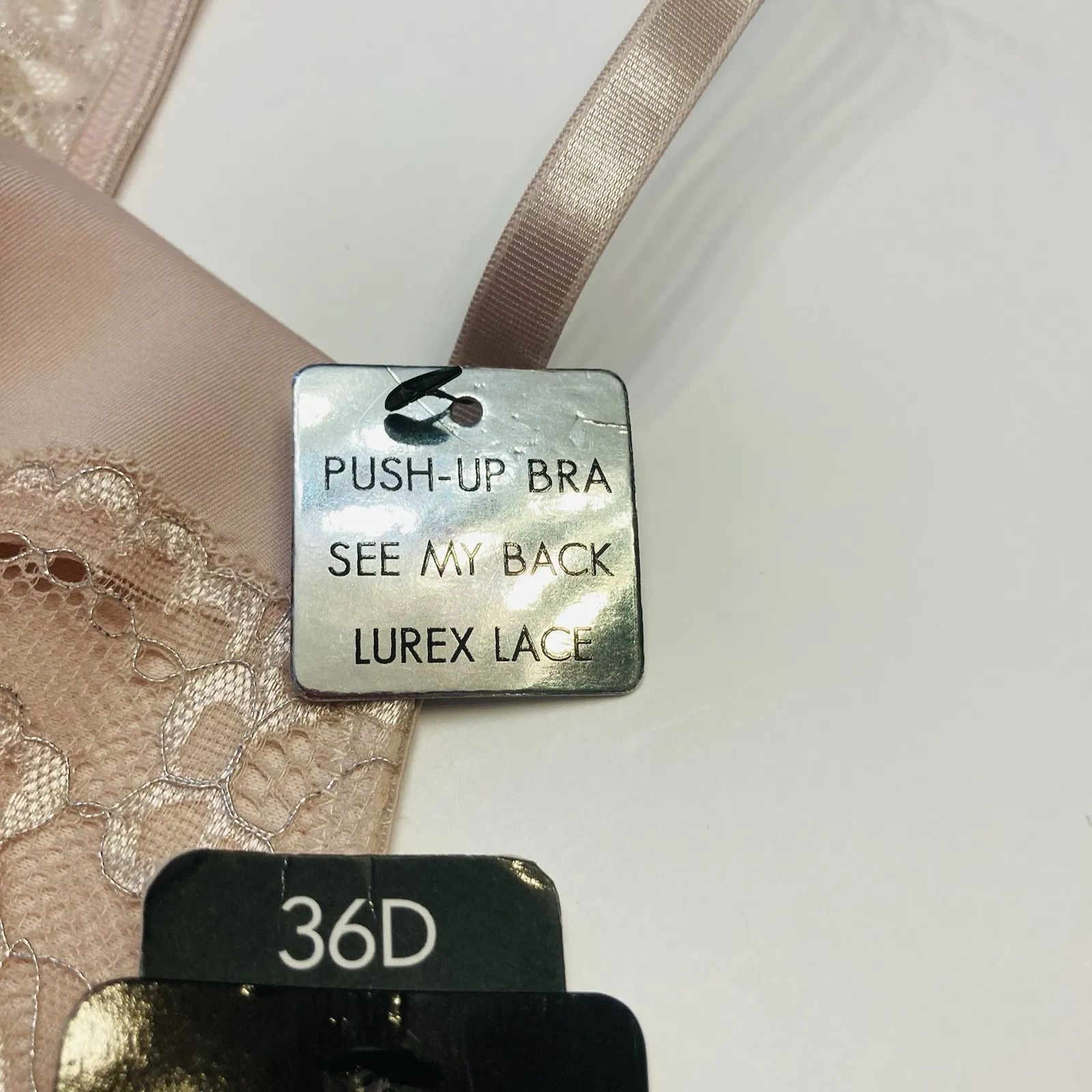 Kathy Ireland Push-Up Bra Racerback Underwire Size 36D Lurex Lace Beige NEW - Image 4