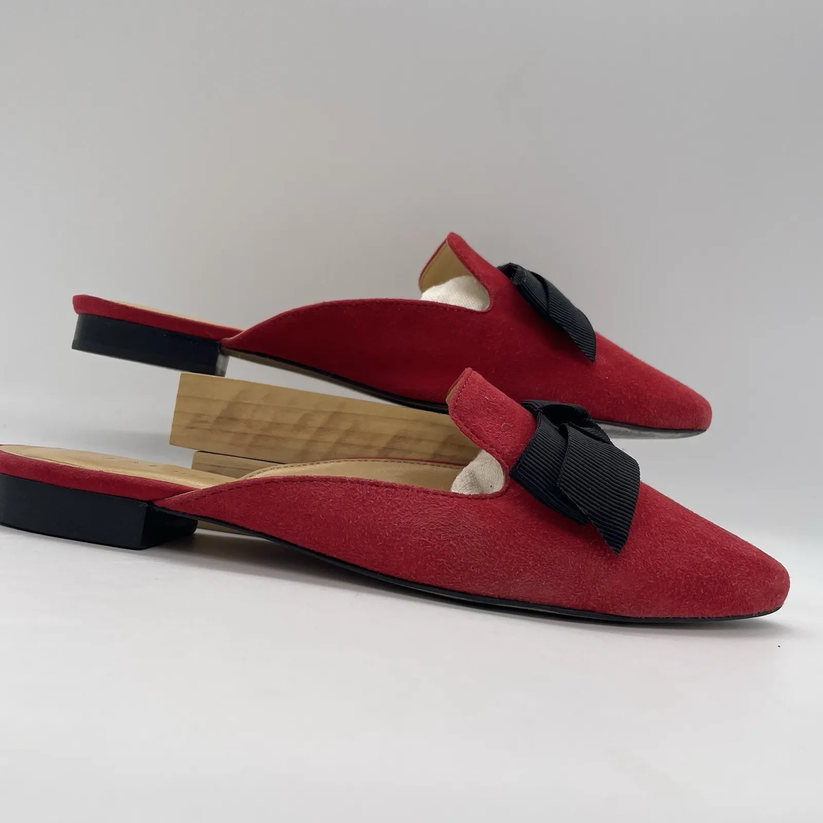 Talbots Womens 6‎ Shoes Red Suede Mules Black Ribbon Bow Slide On Flats - Image 2