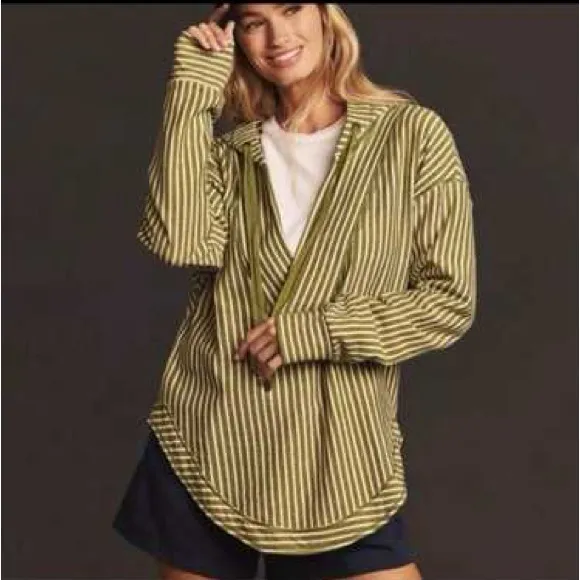 Anthropologie Pilcro Wharfside Striped Hooded Sweatshirt Olive Preppy Nautical - Image 2