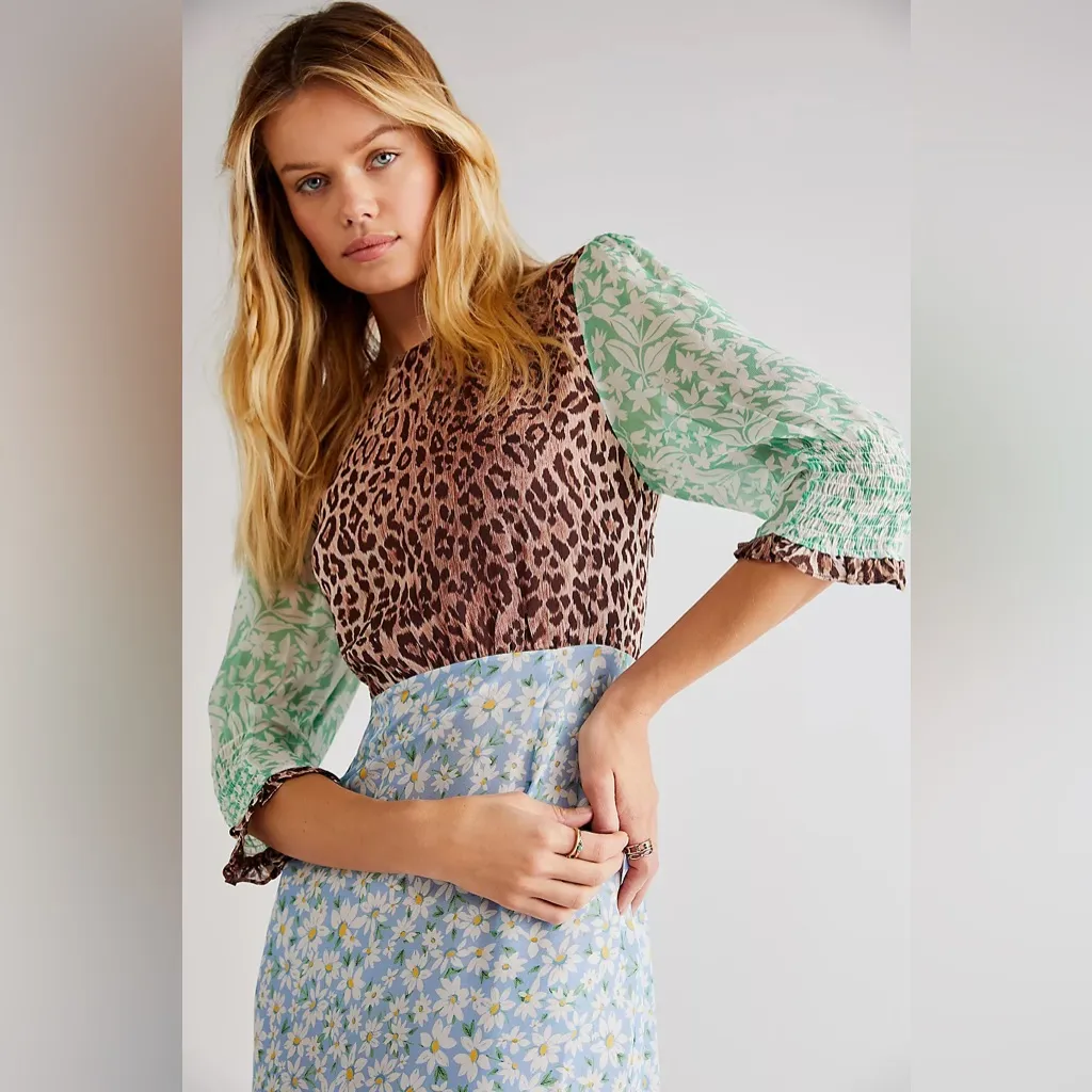 Rixo 100% Silk Long dress colorful Meadow Leopard Mix print size SMALL Women’s Blue - Image 3