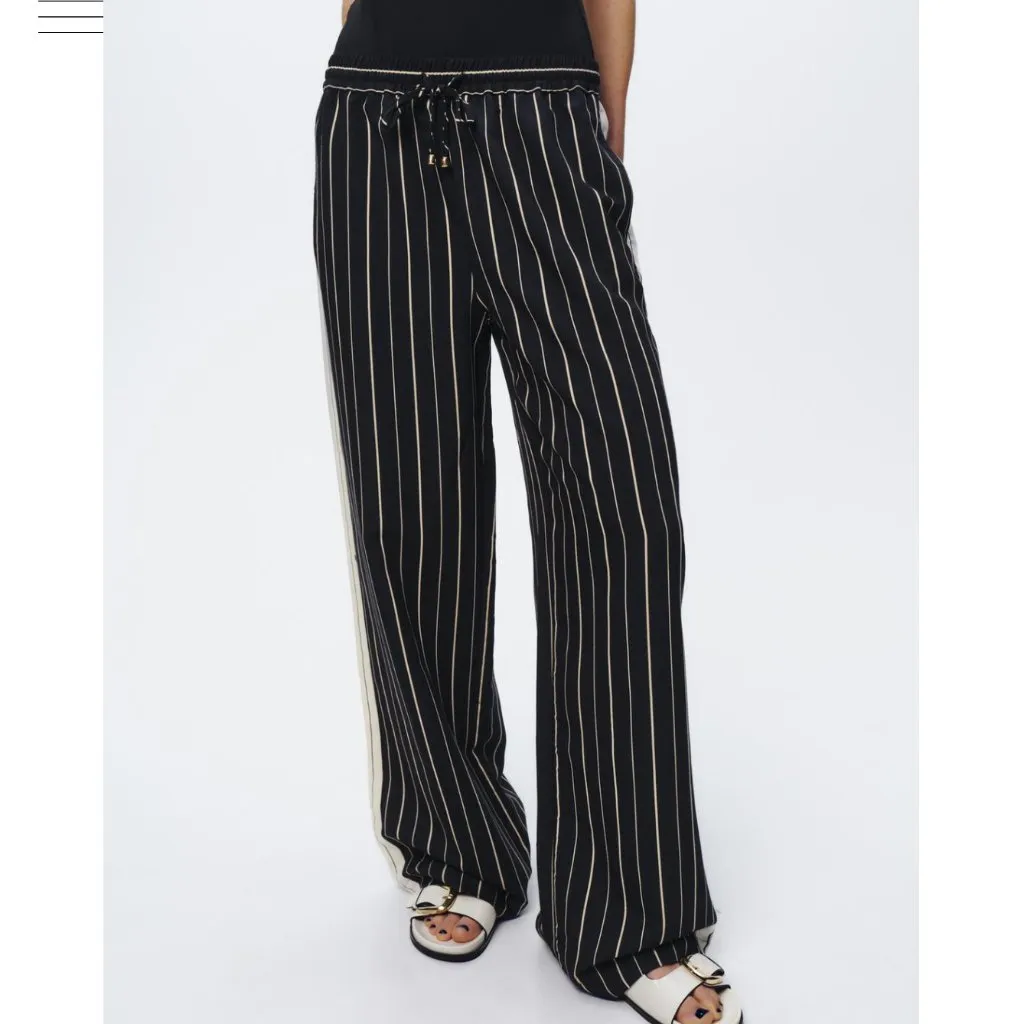 ZARA SIDE STRIPE DRAWSTRING WIDE LEG PANTS Dark Blue Cream Size Medium - Image 2