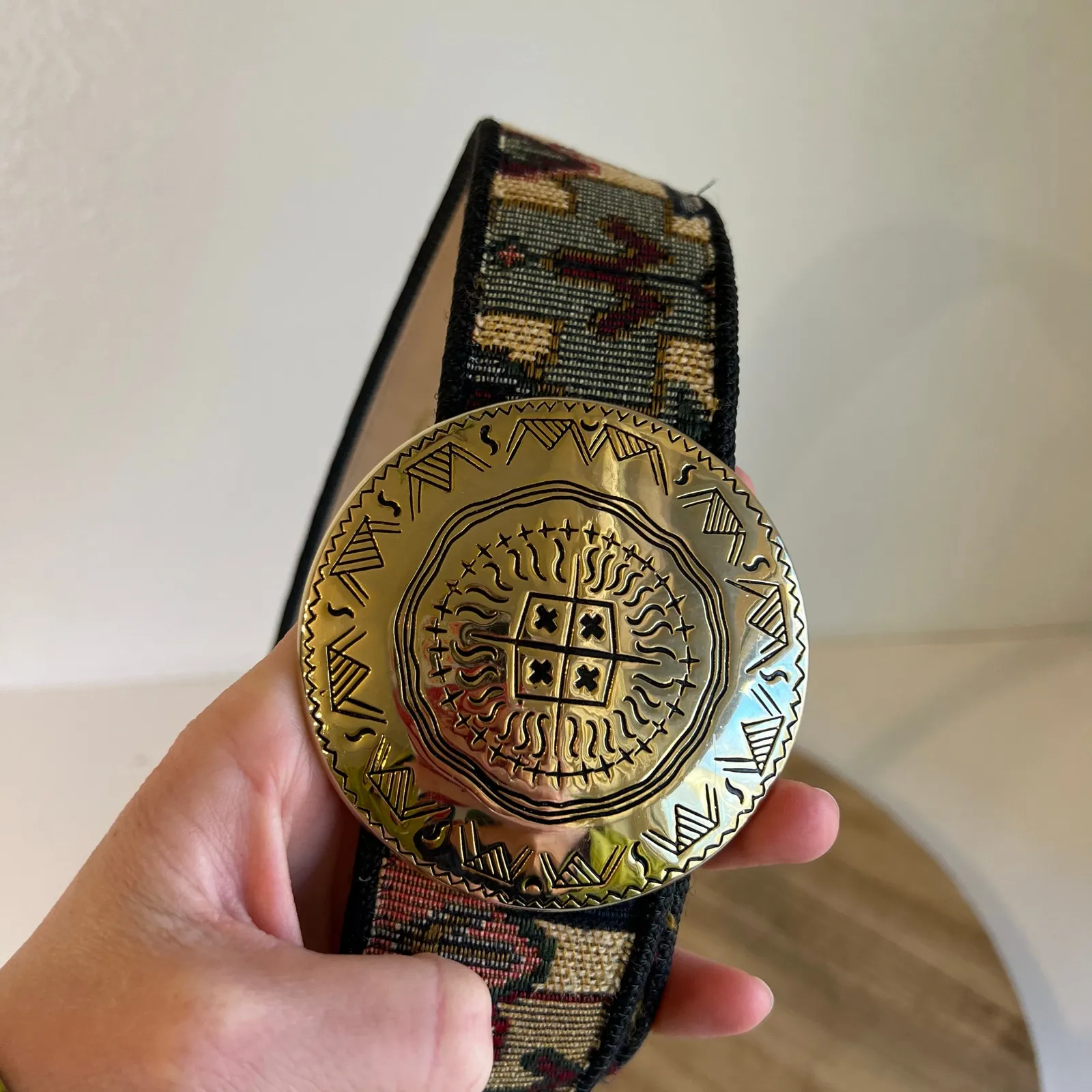 Vintage 90s Tapestry Wide Golden Round Buckle Belt USA Made Size Small Gold - Image 5
