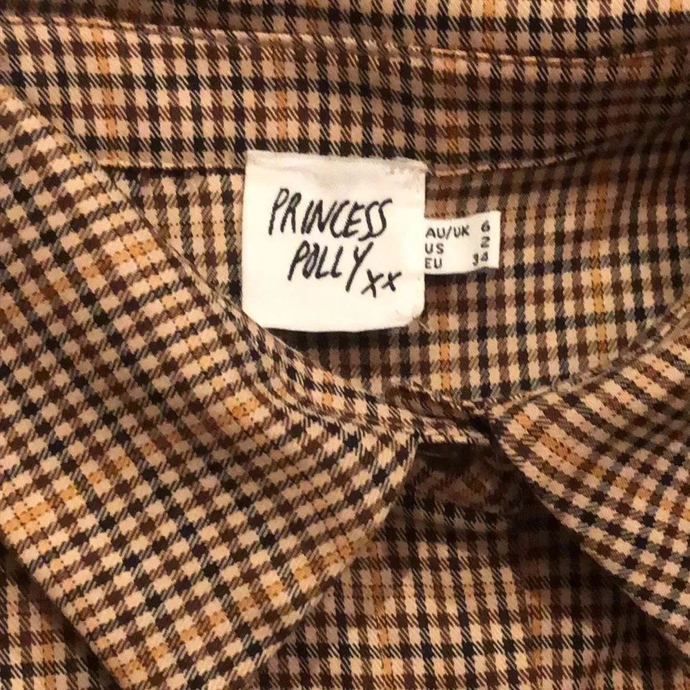 PRINCESS POLLY Women’s Brown Check Tailored Blouse Sz Small - Image 4