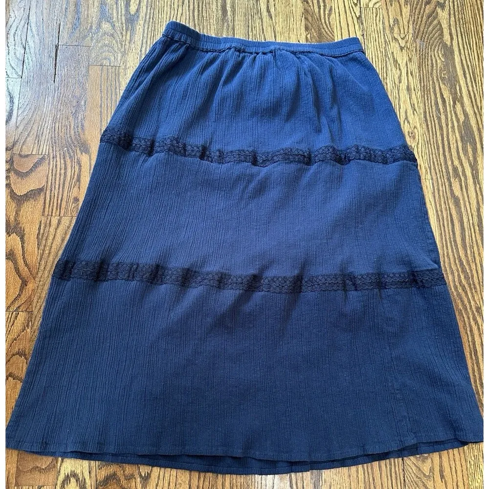 Cathy Daniels 100% Cotton Midi Skirt Sz L Tiered Blue Pull-on Hippie Cottagecore - Image 7