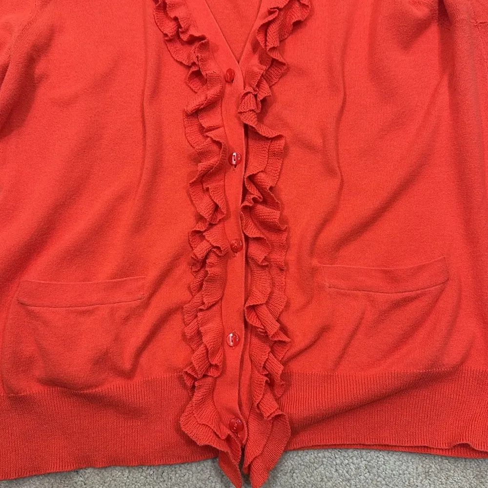 J. Crew Coral Orange Ruffle Button Front Coquette Cardigan Sweater Women Medium - Image 3