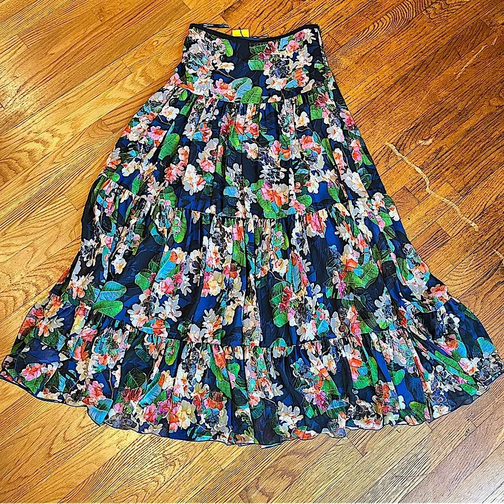 NWT Karen Millen Navy Blue Floral Tiered Flowy Maxi Skirt Size US 6 | UK 10 - Image 2